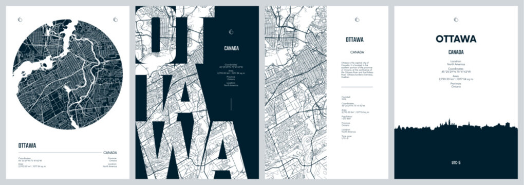 Set of travel posters with Ottawa, detailed urban street plan city map, Silhouette city skyline, vector artwork