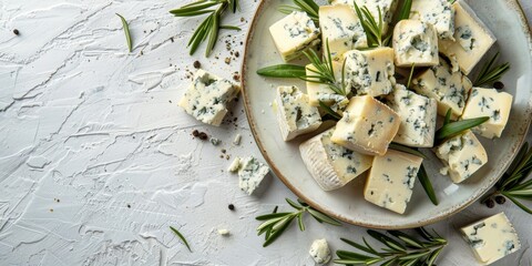 Cubed blue cheese on a ceramic plate with rosemary sprigs and black peppercorns - Powered by Adobe
