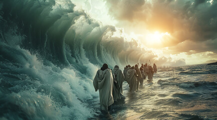 Moses leads the Exodus of the Israelites and jews out of Egypt and across the Red Sea