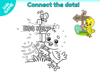 Dot to dot Easter kids game. Connect the dots by numbers, draw a cartoon chick standing by a wooden Easter egg hunt arrow sign. Worksheet for education children. Educational puzzle. Vector baby design