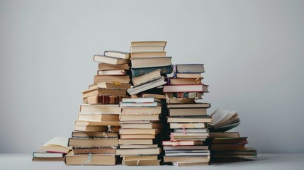 Big pile of books over light background. Education, self-learning, book swap, hobby, relax time