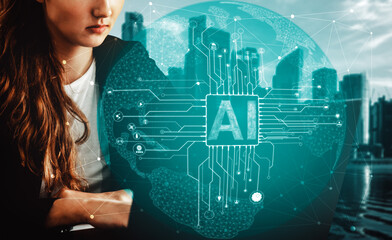 AI Learning and Artificial Intelligence Concept - Icon Graphic Interface showing computer, machine...