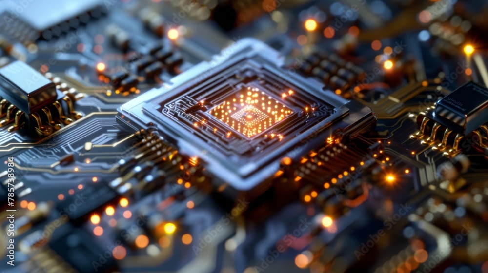 Leinwandbilder glowing microchip on a circuit board in close-up view
