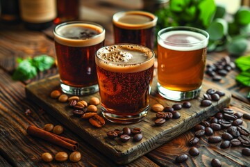 Assorted craft beers with coffee beans and spices