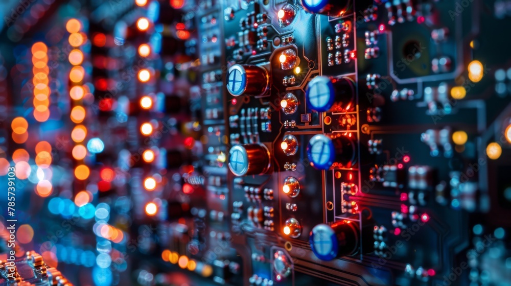 Poster close-up view of circuit board electronics at night