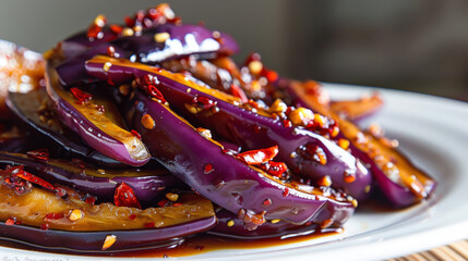 Sichuan-style spicy eggplant dish with garlic and chili on a plate - obrazy, fototapety, plakaty