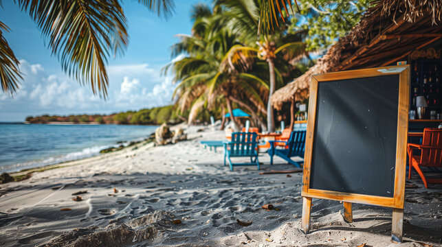 Ein leeres Schild an einer Bar am Strand mit Palmen und blauem Meer, Querformat