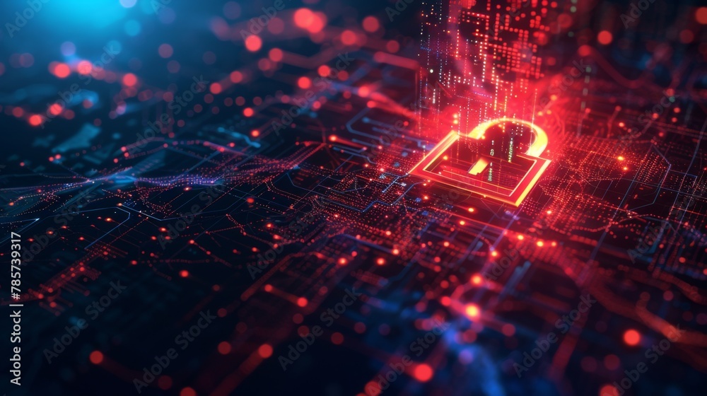 Poster cybersecurity concept with digital lock on a circuit board