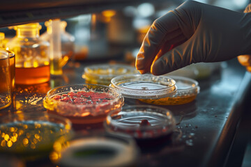 Conducting research, a man's hand in gloves examines bacteria in a petri dish