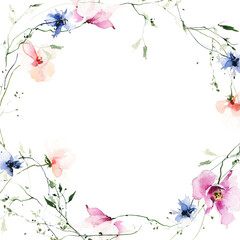 Watercolor floral garland square frame on white background. Pink, orange, blue wild flowers, branches, leaves and twigs.
