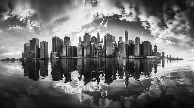 Panorama of Manhattan skyline with water reflection