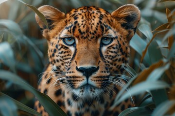 Leopard with piercing gaze behind leaves