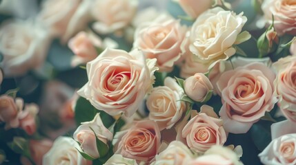 Festive floral background. Wedding, Prom, Birthday, Valentine's Day. A bouquet of beautiful cream and pink roses closeup