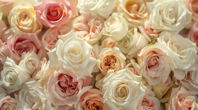 Festive floral background. Wedding, Prom, Birthday, Valentine's Day. A bouquet of beautiful cream and pink roses closeup