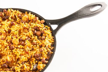 Baião de Dois traditional Brazilian food made with rice, beans, sausage and rennet cheese