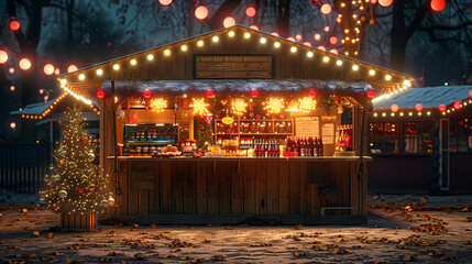 Eine hell erleuchtete H&uuml;tte auf dem Weihnachtsmarkt bei Nacht