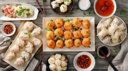Assorted chinese cuisine delights on wooden table