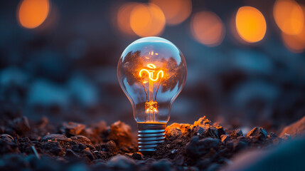 A light bulb is lit up in a dark, rocky area
