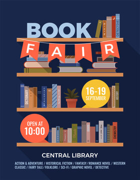 Book fair or festival vertical poster for advertising, promo, invitation, sale. Shelves with various books. Vector multicolored banner. Education and fun event concept. World book day.