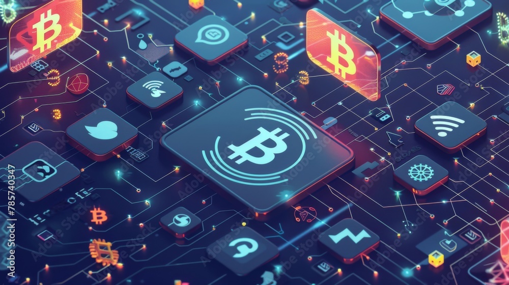 Poster multiple bitcoins surrounding the bitcoin logo