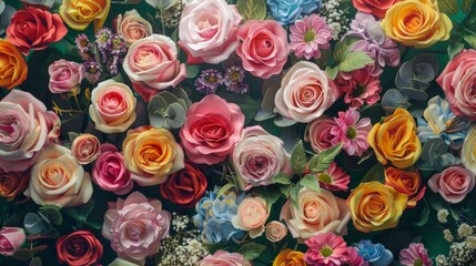 Mixed multi colored roses in floral decor, Colorful wedding flowers background