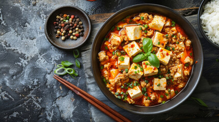 Spicy tofu and minced meat stir-fry in bowl