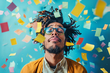 Man with dreadlocks surrounded by flying confetti