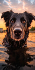 Close-up of a loyal dog's face, soaked and framed by a sunset.