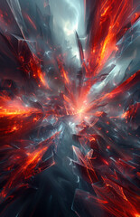 Smartphone Hintergrund, abstrakte Kristallstrukturen, mit rotem Feuer hinterlegt, Hochformat - obrazy, fototapety, plakaty