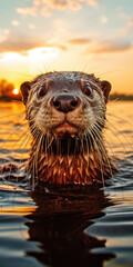 An otter's inquisitive face bobs above serene waters at dusk.