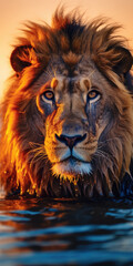 Majestic lion's face rising from the water under a blazing sunset
