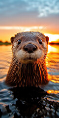 Gentle otter eyes reflect the warm hues of a setting sun on water.