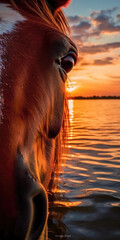 The evening sun's fiery caress on the calm waters frames a horse's eye.