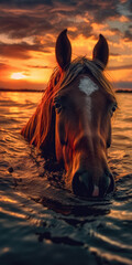 Sunset drenches the sky, highlighting a serene horse wading in water.