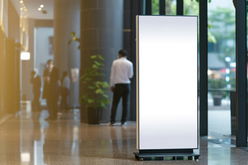 Fototapeta premium Mockup vertical billboard stand, digital lightbox standing in company's lobby