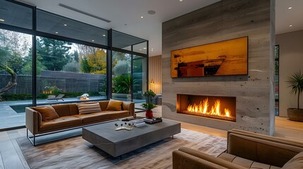 Cozy Minimalist Retreat with Warm Fireplace and Serene Artwork. Concept Cozy Retreat, Minimalist Decor, Warm Fireplace, Serene Artwork