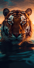 A tiger's piercing eyes survey its realm, half-submerged at dusk
