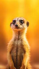 A meerkat stands alert, its curiosity captured against an orange blur.