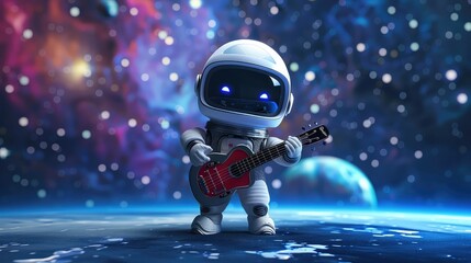 3D Render of a Tiny Robot Astronaut Mascot in Space Suit, Playing Guitar and Floating in the Universe - Powered by Adobe