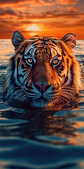 The setting sun casts a fiery glow on the calm stare of a Bengal tiger.