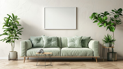 Ein modern eingerichtetes Wohnzimmer mit einem gro&szlig;en Bilderrahmen &uuml;ber dem gr&uuml;nen Sofa, dekorative Pflanzen stehen daneben, Querformat