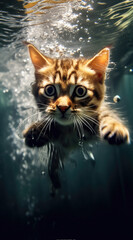 A kitten bravely navigates underwater, bubbles surrounding its curious gaze.