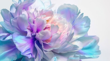 Iridescent Peony Flower in Vibrant Purple, White, and Blue Tones on a White Background - obrazy, fototapety, plakaty