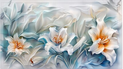 Elegant 3D white lilies on a blue background