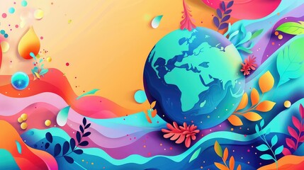 Fototapeta na wymiar Vibrant and Colorful Illustration of Earth Surrounded by Abstract Nature Elements, Representing Biodiversity and Ecosystem Harmony