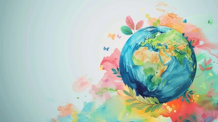 Vibrant Illustration of Earth Surrounded by Colorful Nature, Depicting Environmental Awareness and Global Harmony