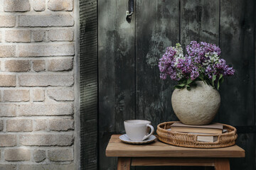 Farm spring breakfast still life. Purple, white lilac flowers bouquet in textured vase with cup of coffee. Wicker tray, books. Blurred old wooden door background. Shabby brick wall in sunlight.
