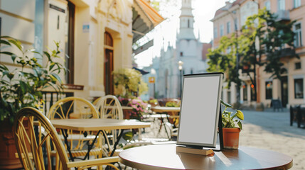 Leeres Schild auf einem Tisch in einem Straßencafé, Sonnenschein, Außenaufnahme am Tag,...