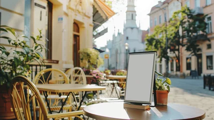 Fototapeten Leeres Schild auf einem Tisch in einem Straßencafé, Sonnenschein, Außenaufnahme am Tag, Querformat © SiSter-AI-Art