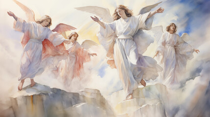 Fototapeta premium The Resurrection, with angels rolling back the stone. , watercolor style, white background